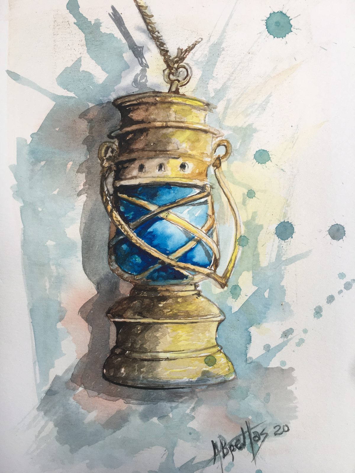 Loose watercolor of an ornate blue glass lantern