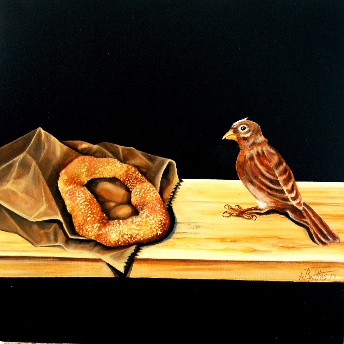 Watercolor of a sparrow on a bench with bread