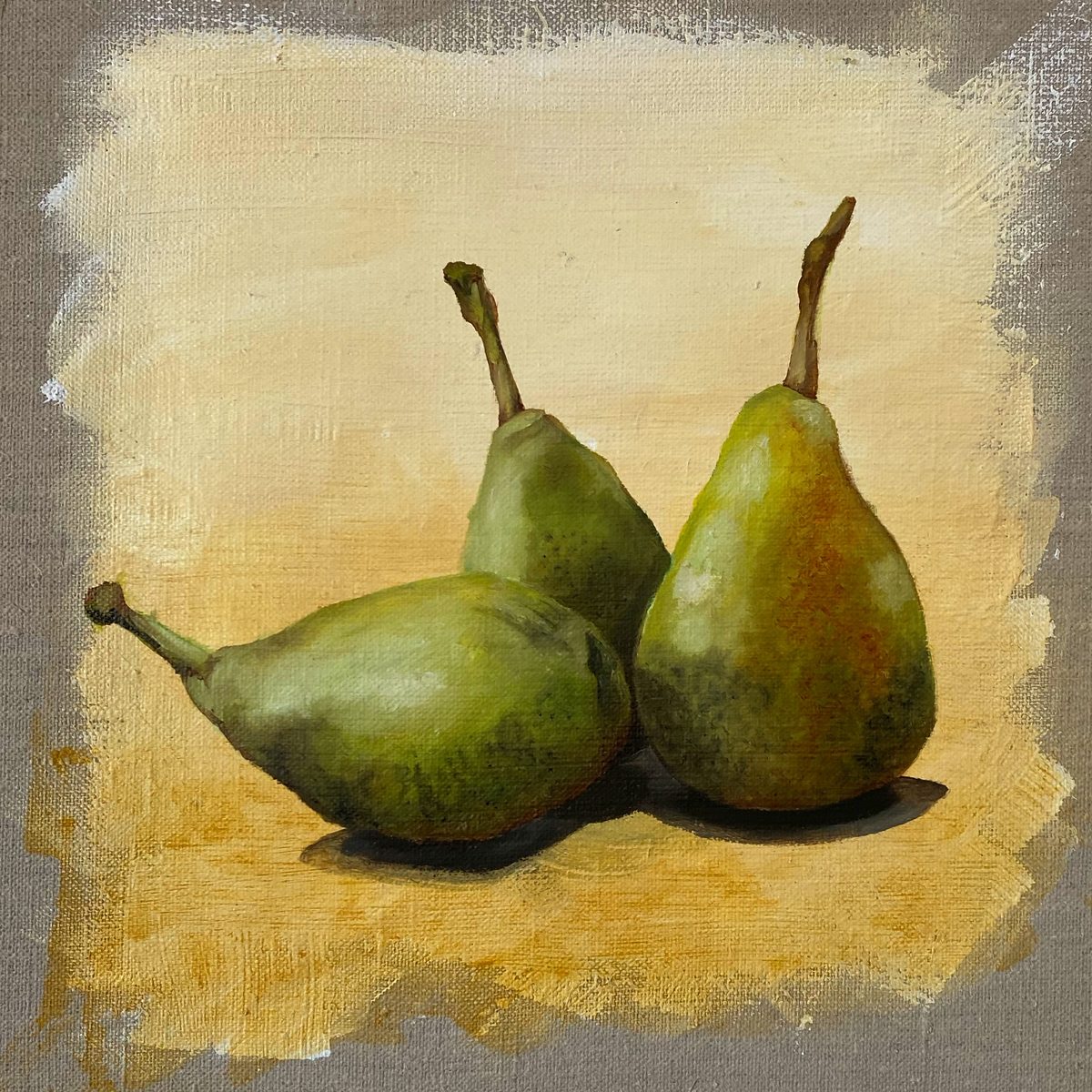 Watercolor of two green pears on ochre