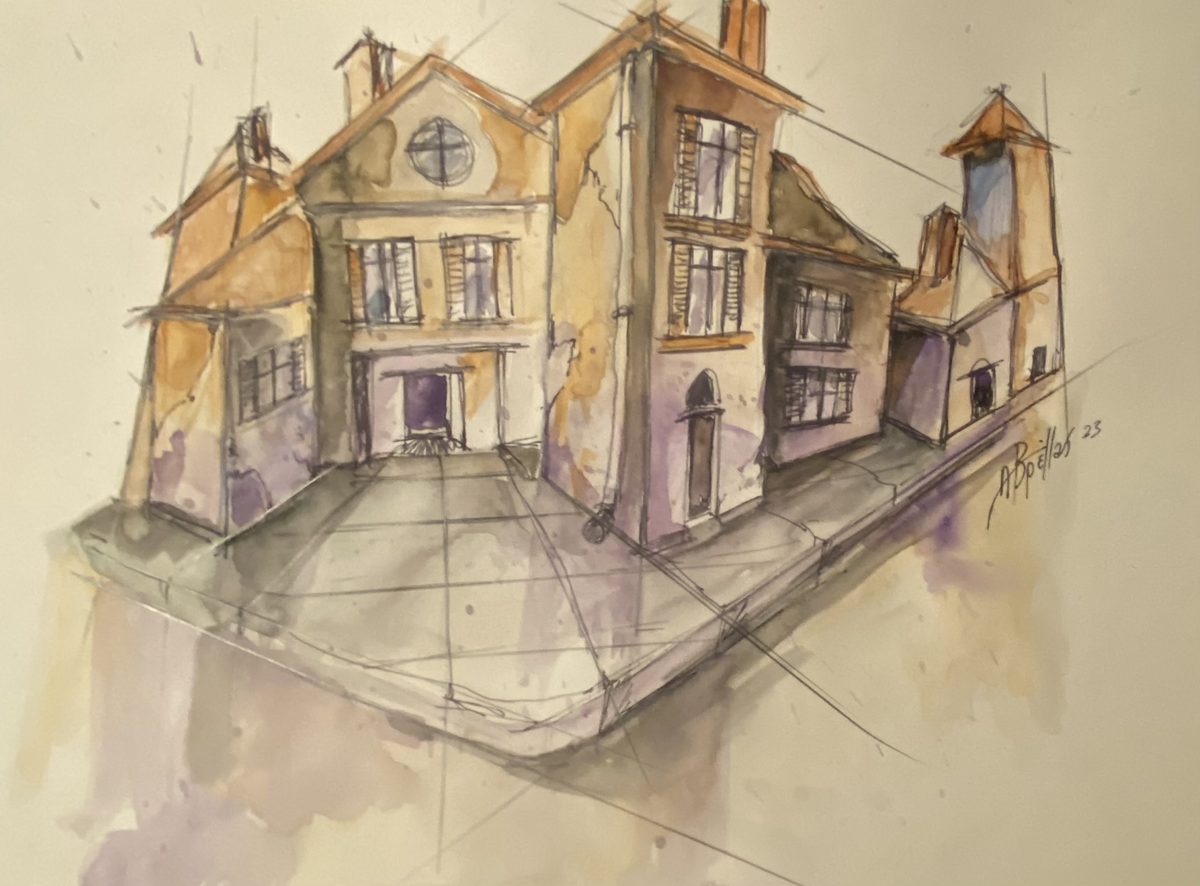 Ink and watercolor of a row of gabled houses