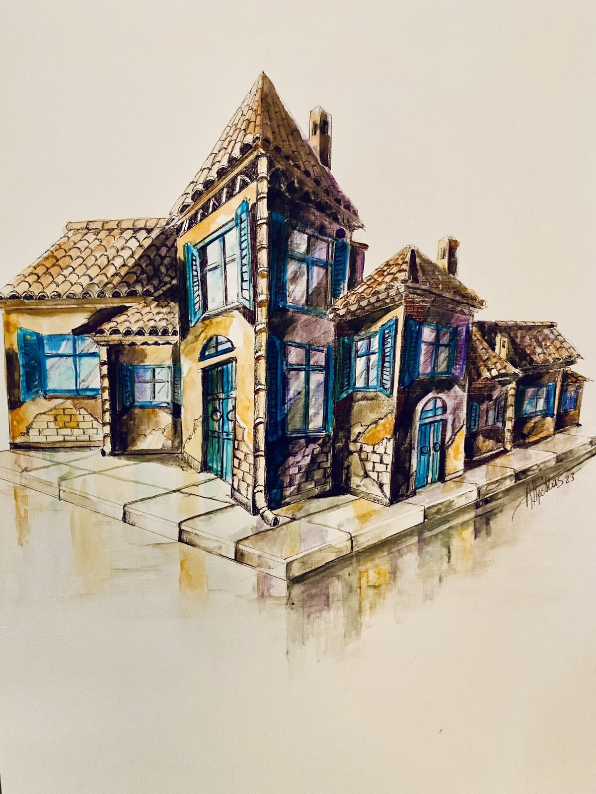 Watercolor of a row of connected houses