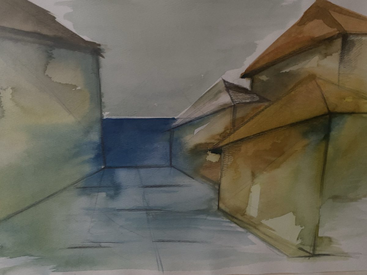Abstracted watercolor of angular seaside buildings
