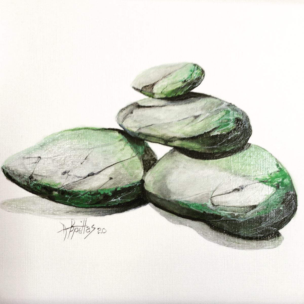 Watercolor of stacked painted stones on white
