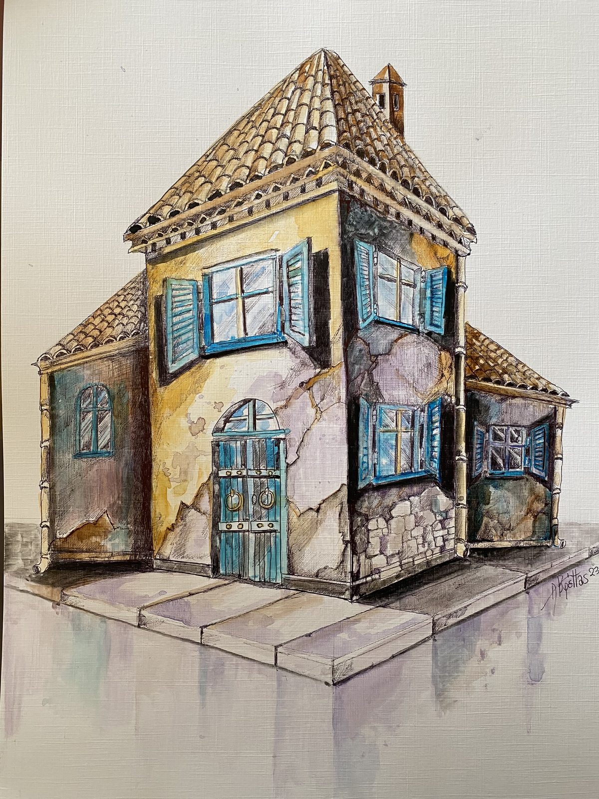 Watercolor of a house with blue shutters and a warm facade