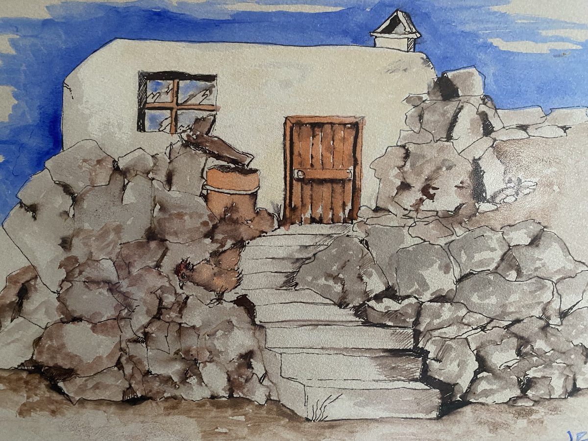 Watercolor of a ruined stone house with steps