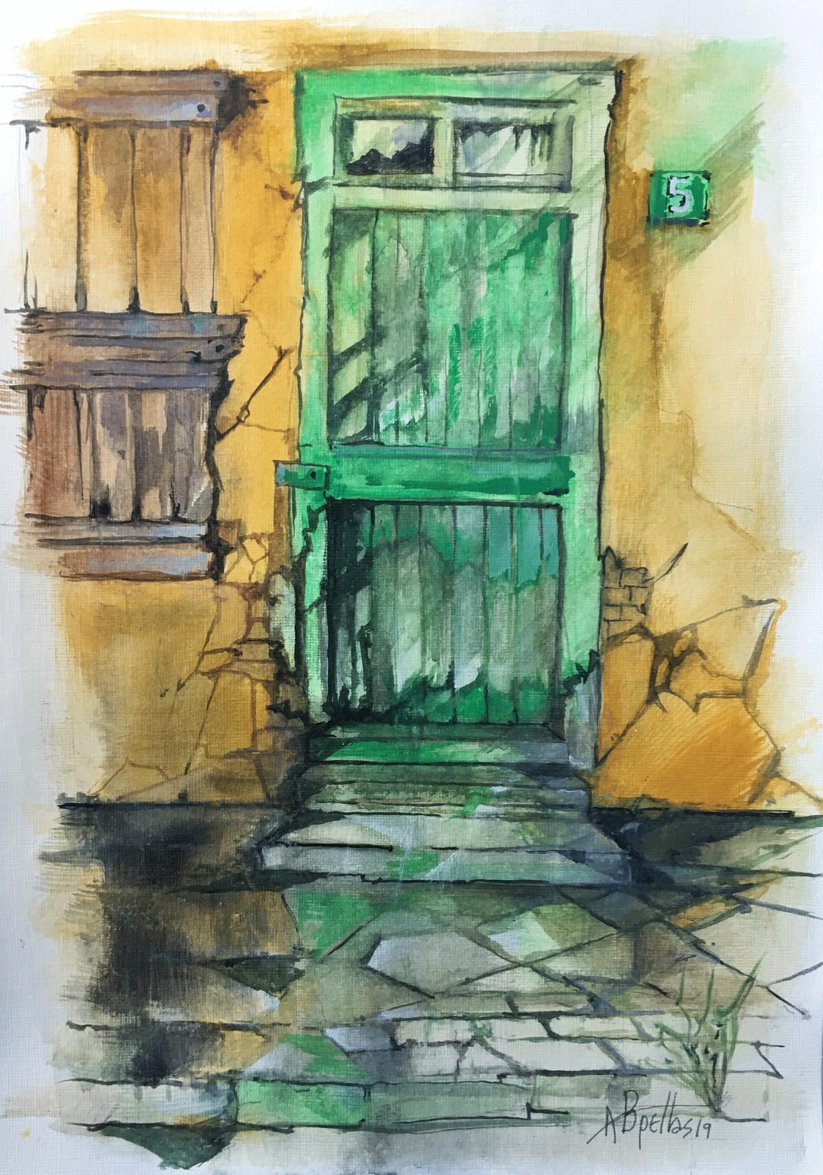 Watercolor street scene with a green door