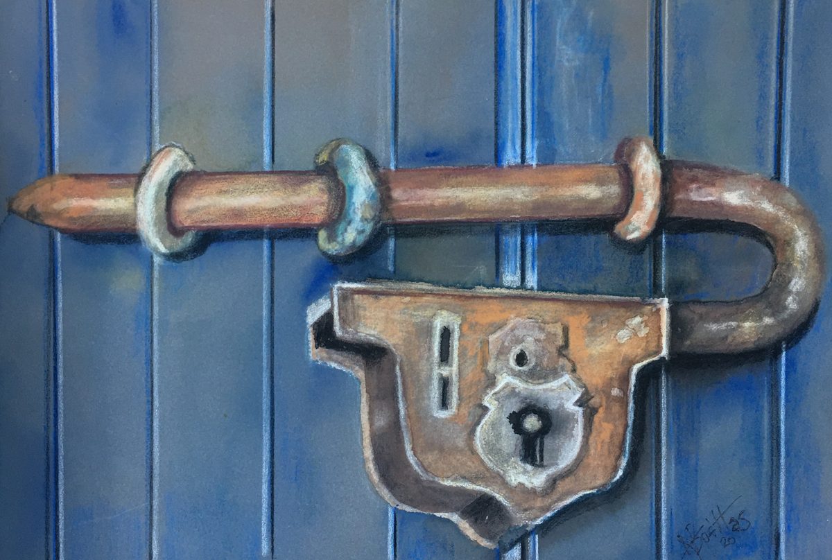 Watercolor study of an iron padlock on a blue wooden door