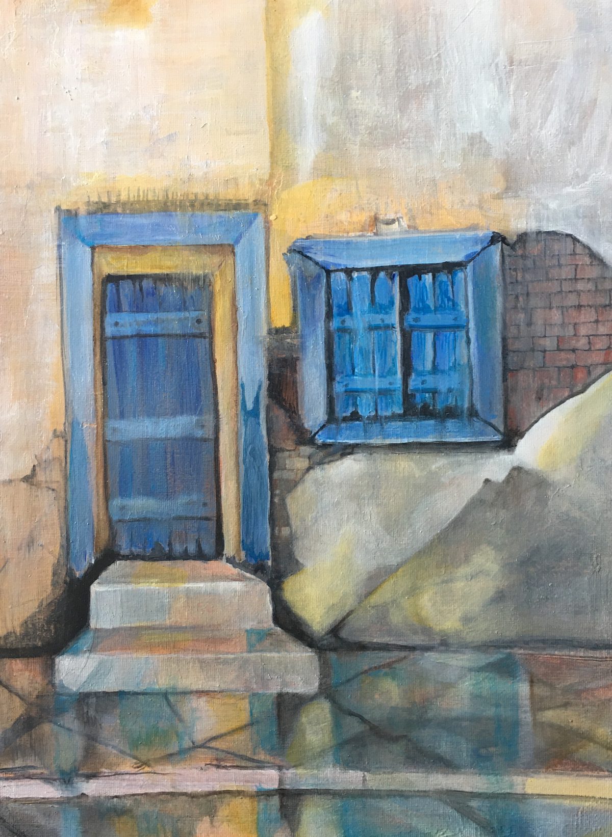 Watercolor of blue doors on a weathered facade
