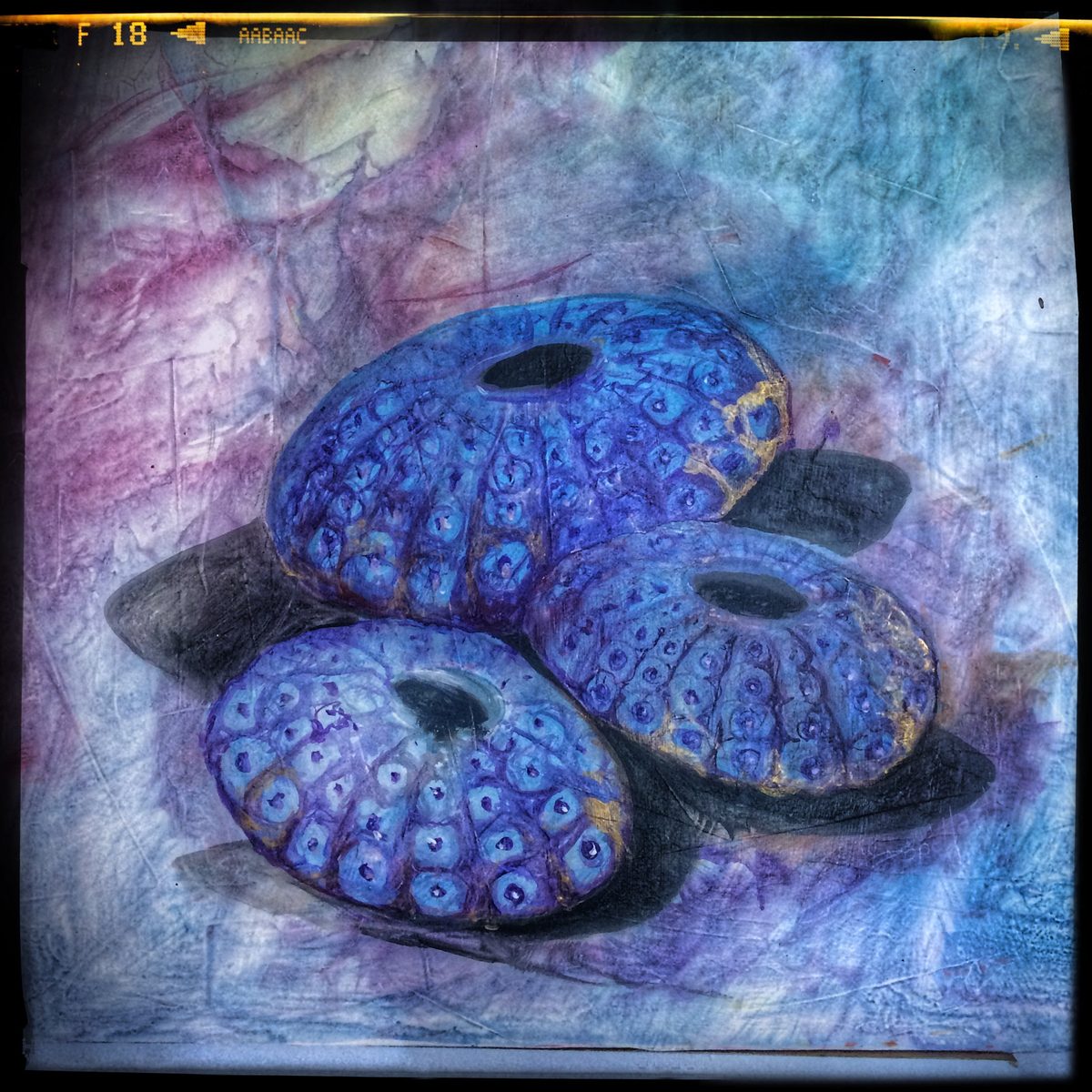 Watercolor of blue patterned stones on a rainbow wash