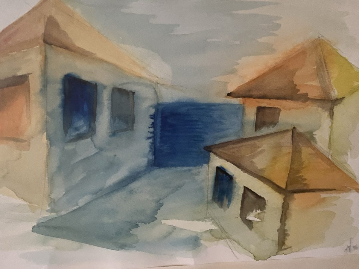 Watercolor of ochre buildings with blue accents