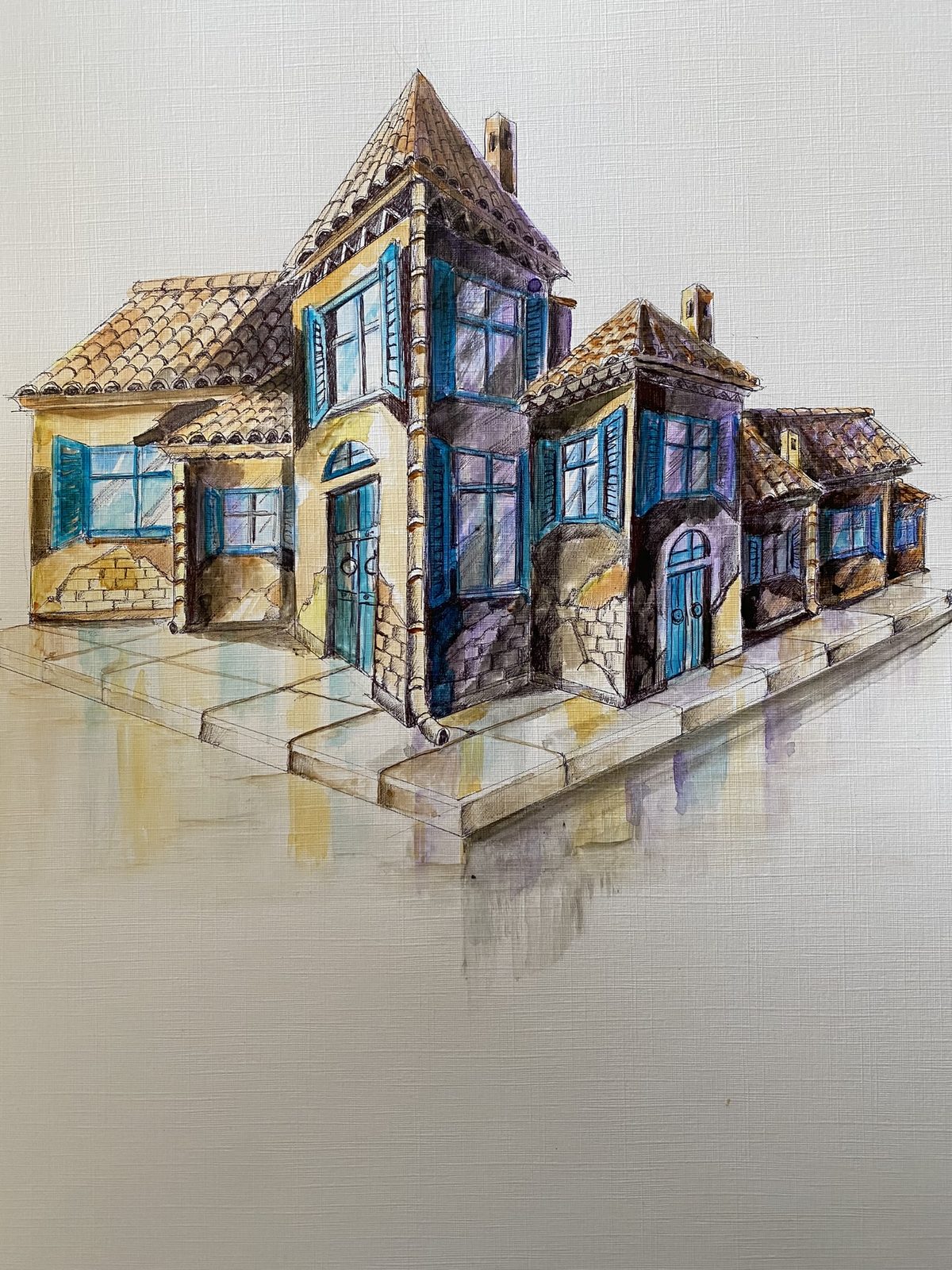 Watercolor of a house with blue windows