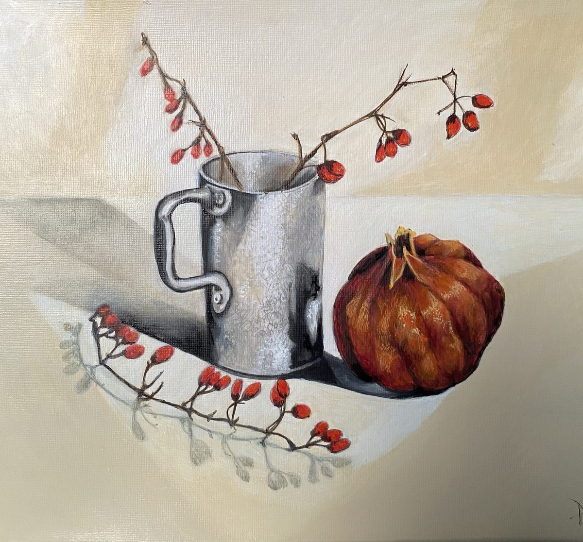 Still life in Acrylic with a white pitcher, red berries, and a pomegranate.