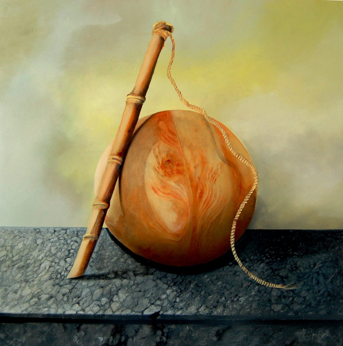 Watercolor of a gourd with a supporting stick