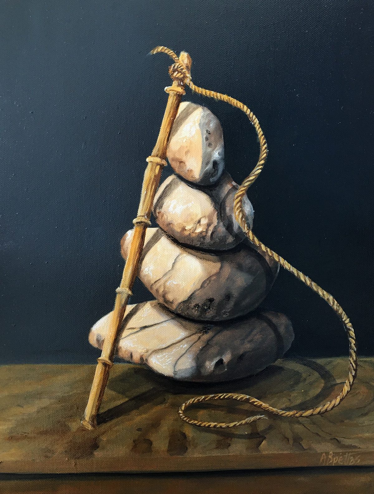 Watercolor of pods stacked on a stick with rope