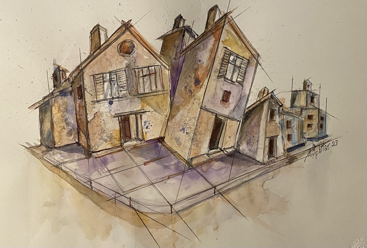 Ink and watercolor drawing of perspective-distorted row houses