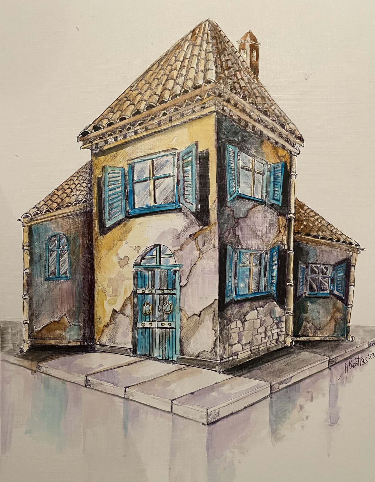 Watercolor of a house with blue shutters and yellow walls