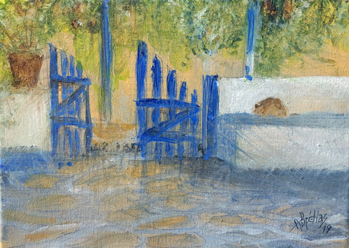 Loose watercolor of a blue gate with the sea beyond