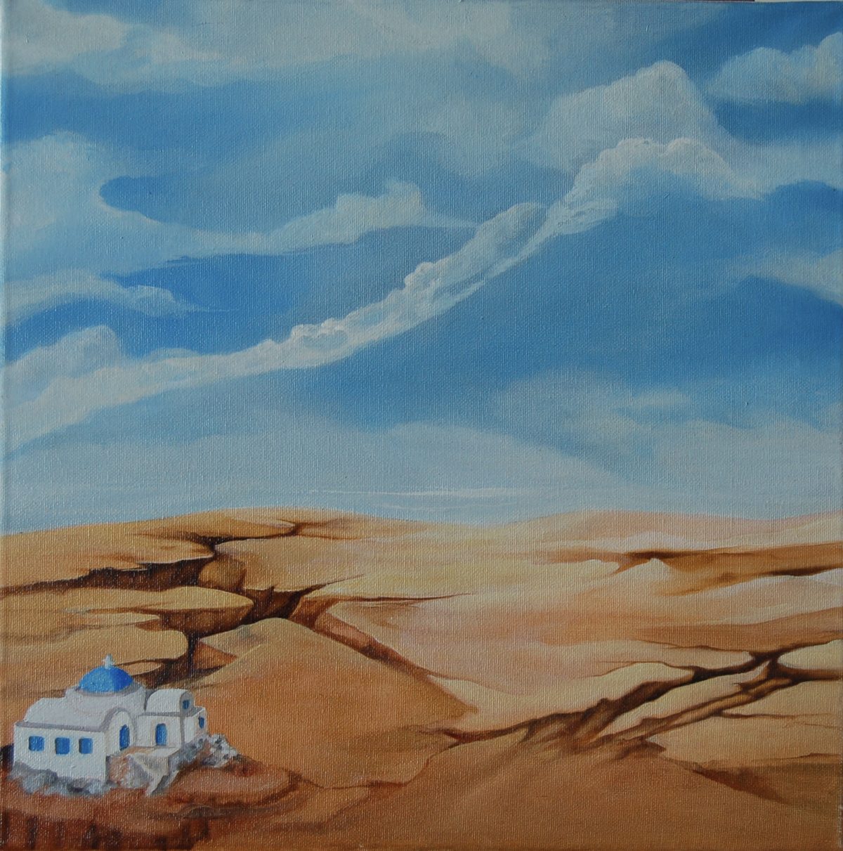 Coastal landscape with a small blue house under a clouded sky