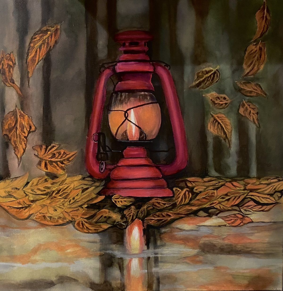 Still life of a red lantern among autumn leaves