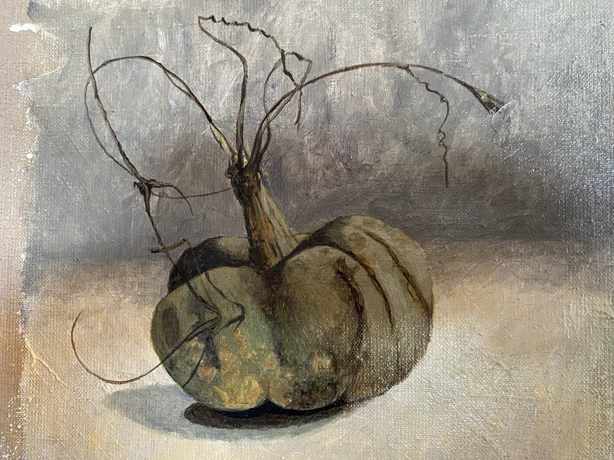 Watercolor of a gourd with a dried plant on grey