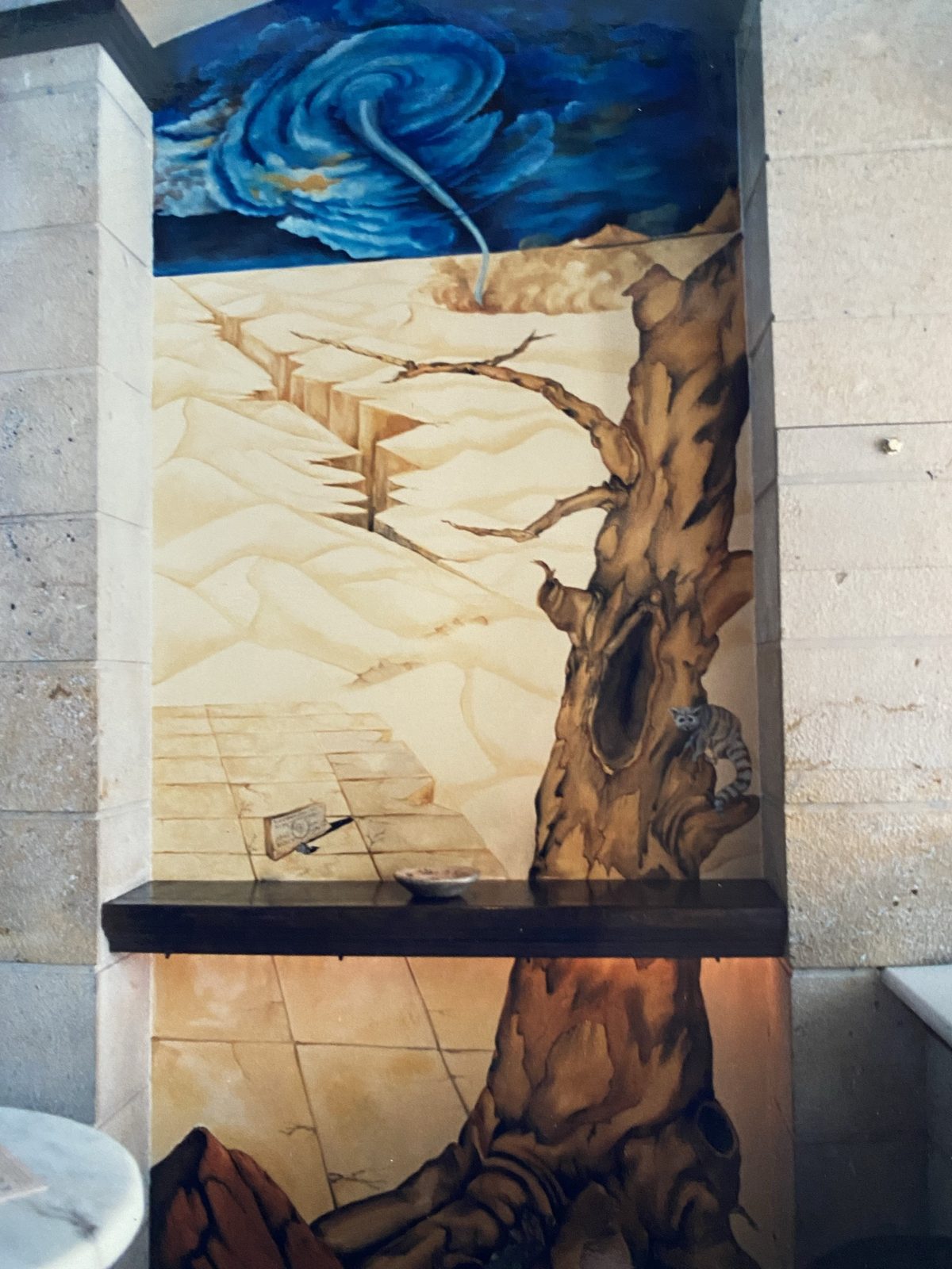 Mural behind a counter, interior