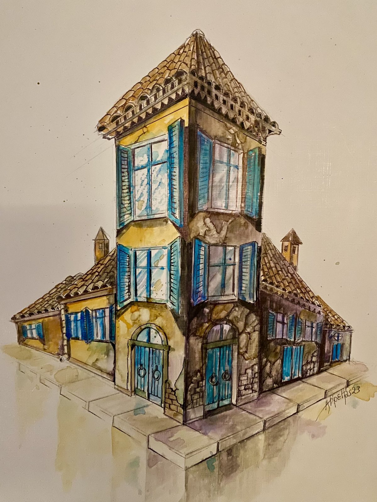 Watercolor of a house with blue window frames