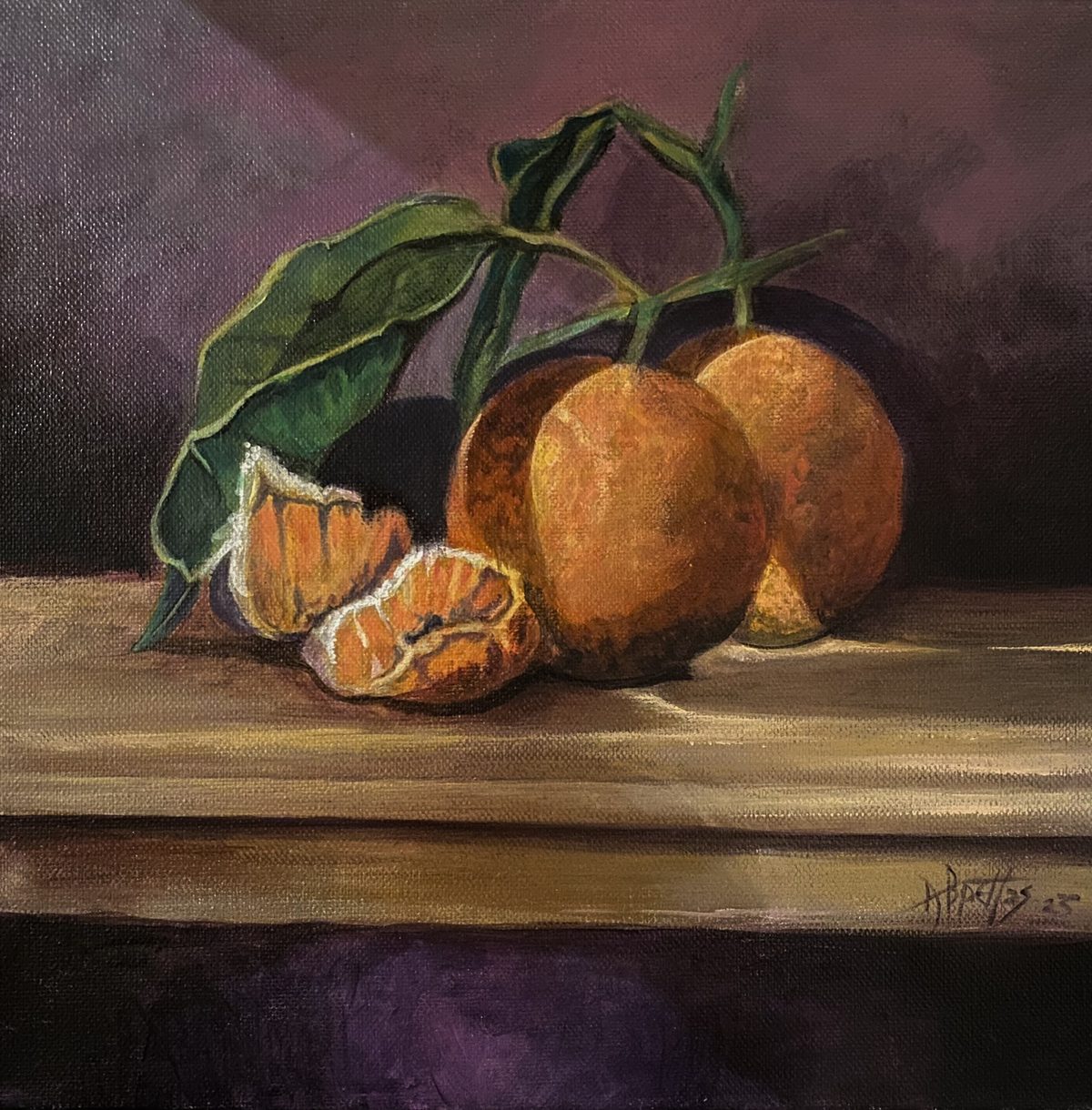 Still life of tangerines on a wooden ledge