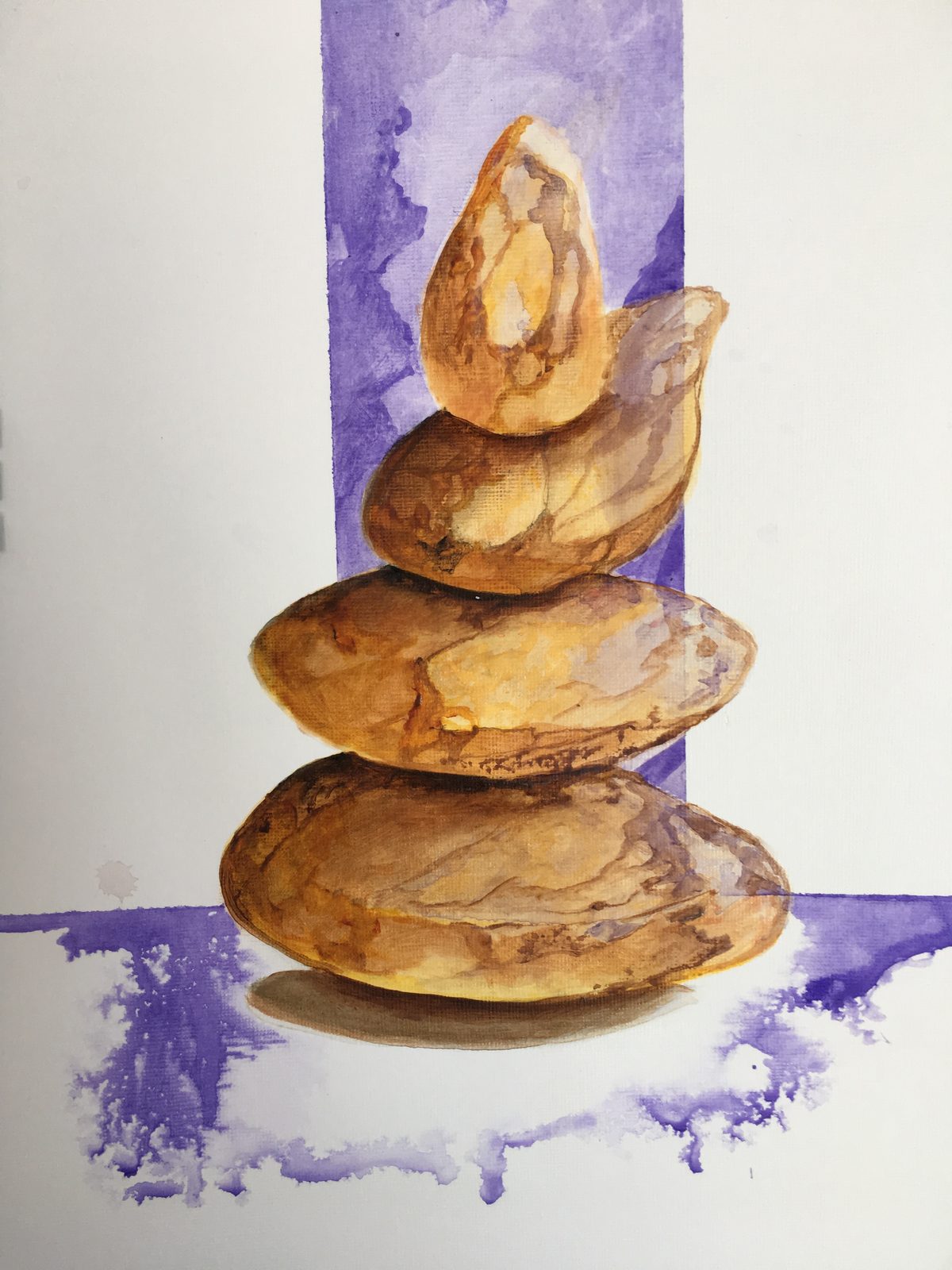 Watercolor of bread loaves on a purple wash