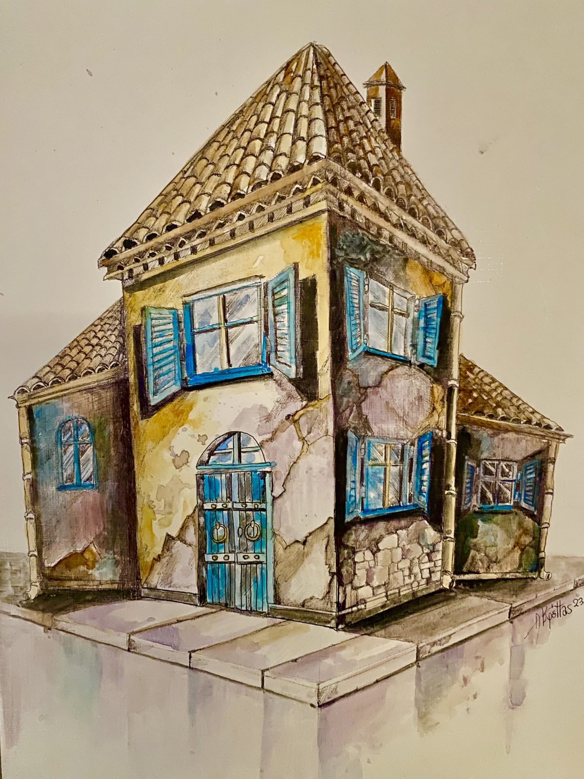 Watercolor house study with blue shutters