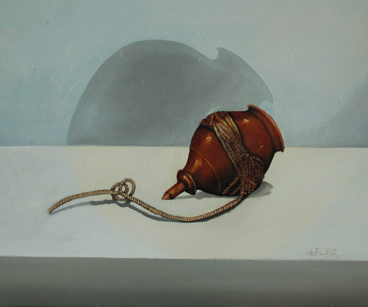 Watercolor study of a dried gourd with a curling tendril